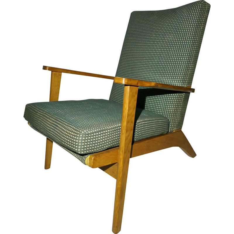 Fauteuil vintage P 681 pour Knoll en tissu vert et blanc et en chêne 1950