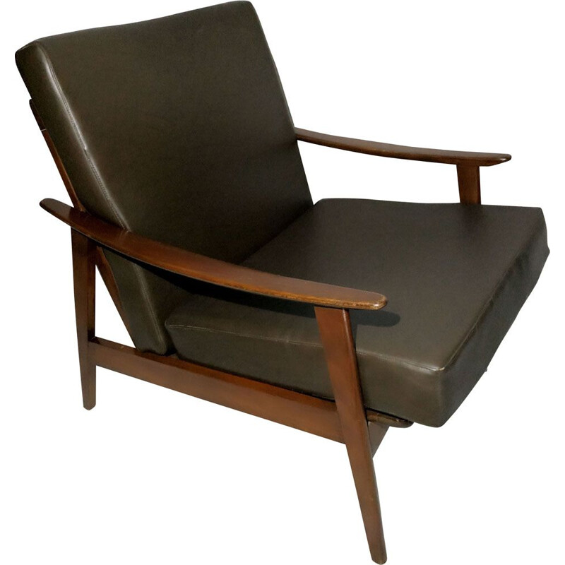 Scandinavian vintage armchair in brown leatherette and teakwood 1960