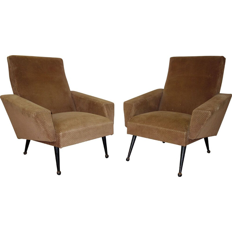 Pair of vintage French armchairs in velvet and wood 1950