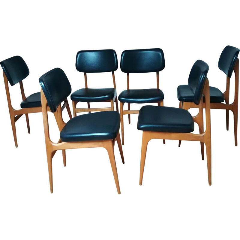 Suite de 6 chaises vintage scandinaves en hêtre et en simili cuir noir 1960