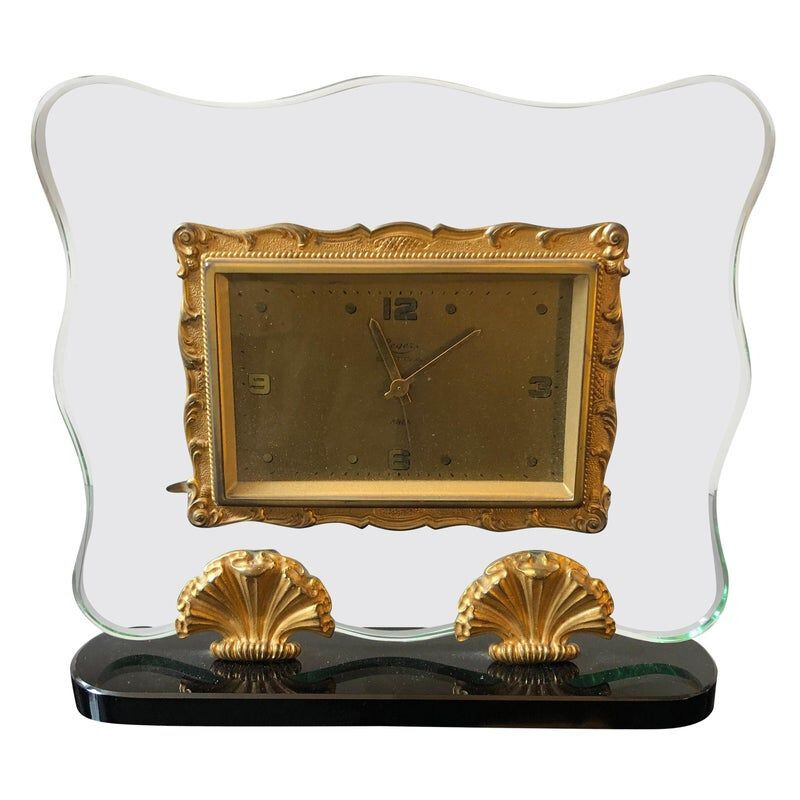 Vintage italian table clock in glass and brass 1950s