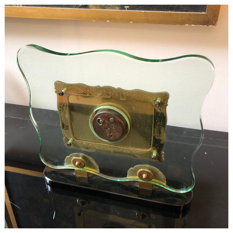 Vintage italian table clock in glass and brass 1950s