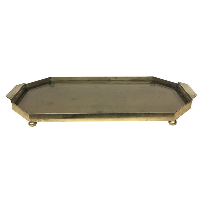 Vintage octogonal tray in brass and smoked glass 1960s