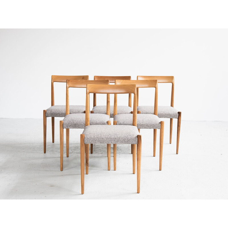 Suite de 6 chaises vintage pour Lübke en bois massif et tissu gris 1960