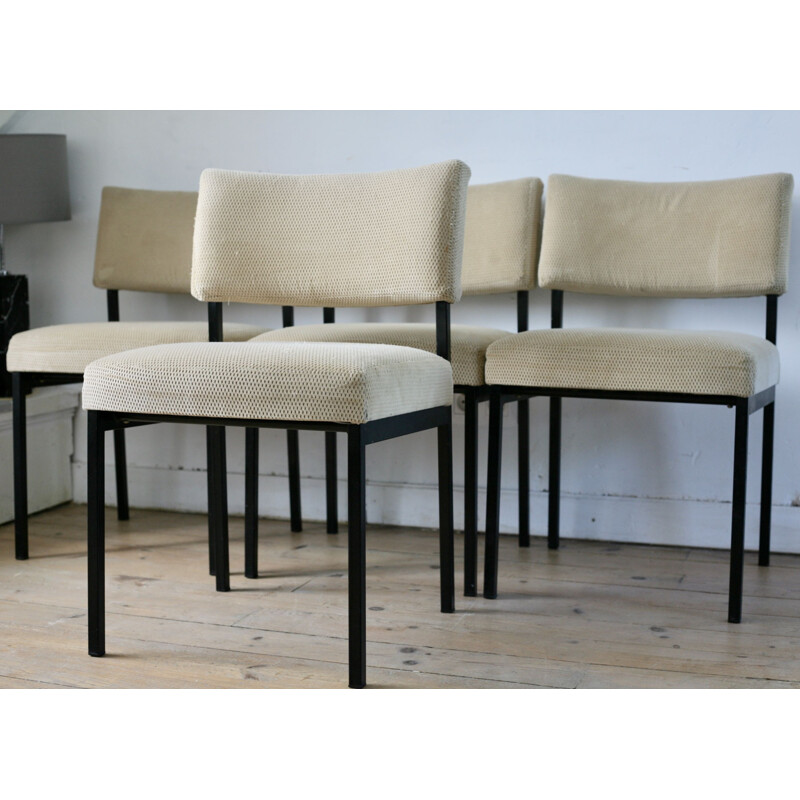 Set of 4 vintage French chairs for Steiner by Jopeph André Motte in beige velvet and steel