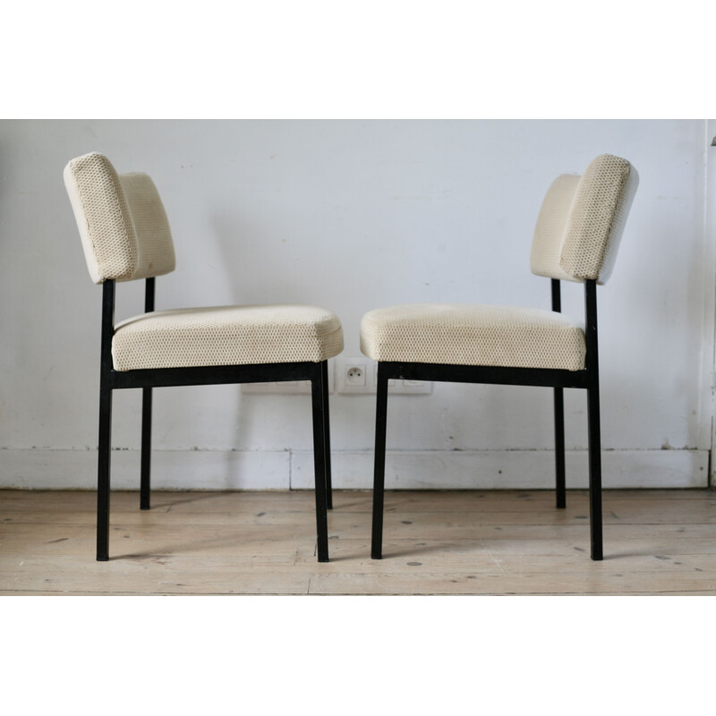 Set of 4 vintage French chairs for Steiner by Jopeph André Motte in beige velvet and steel