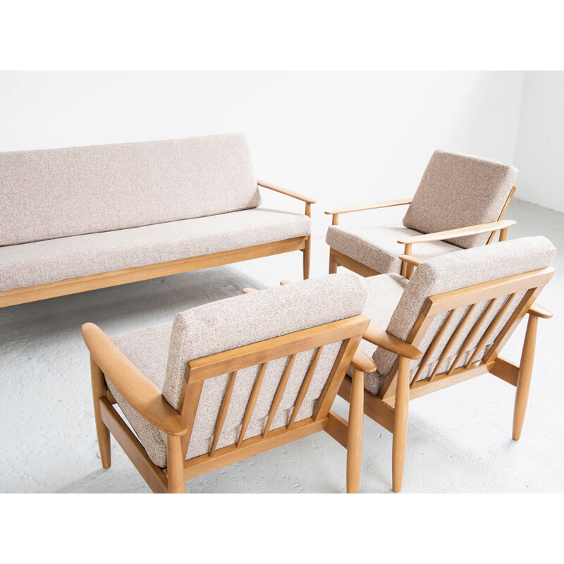 Vintage danish seating group in solid beech and grey fabric 1960s