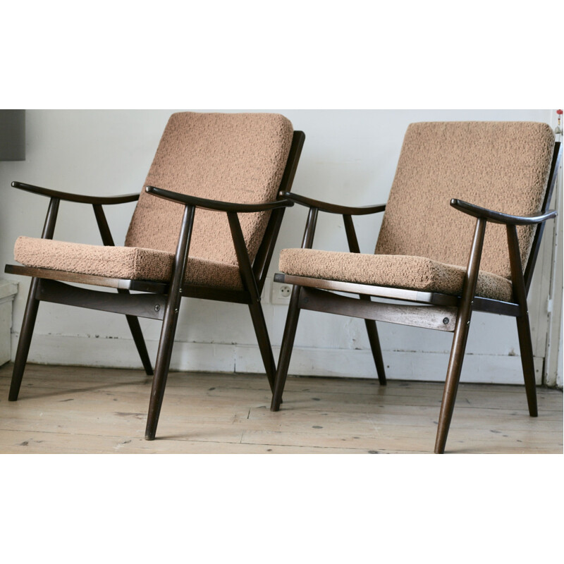 Pair of vintage Boomerrang armchairs for Thonet in wood and brown fabric 1960