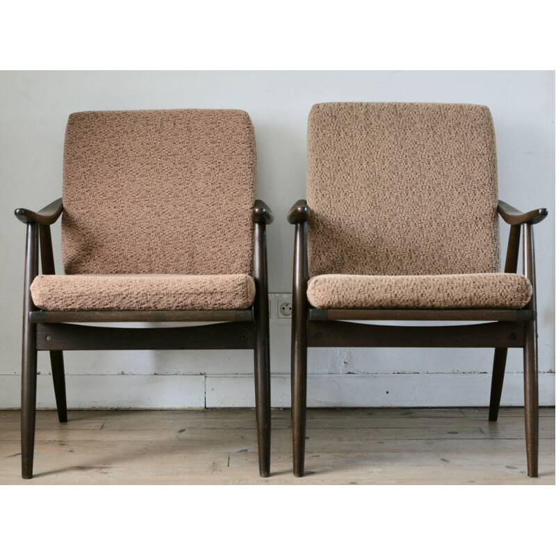 Pair of vintage Boomerrang armchairs for Thonet in wood and brown fabric 1960