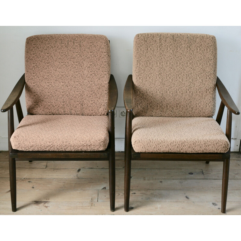 Paire de fauteuils vintage Boomerrang pour Thonet en bois et tissu marron 1960