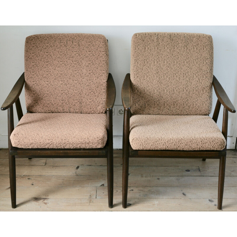 Pair of vintage Boomerrang armchairs for Thonet in wood and brown fabric 1960