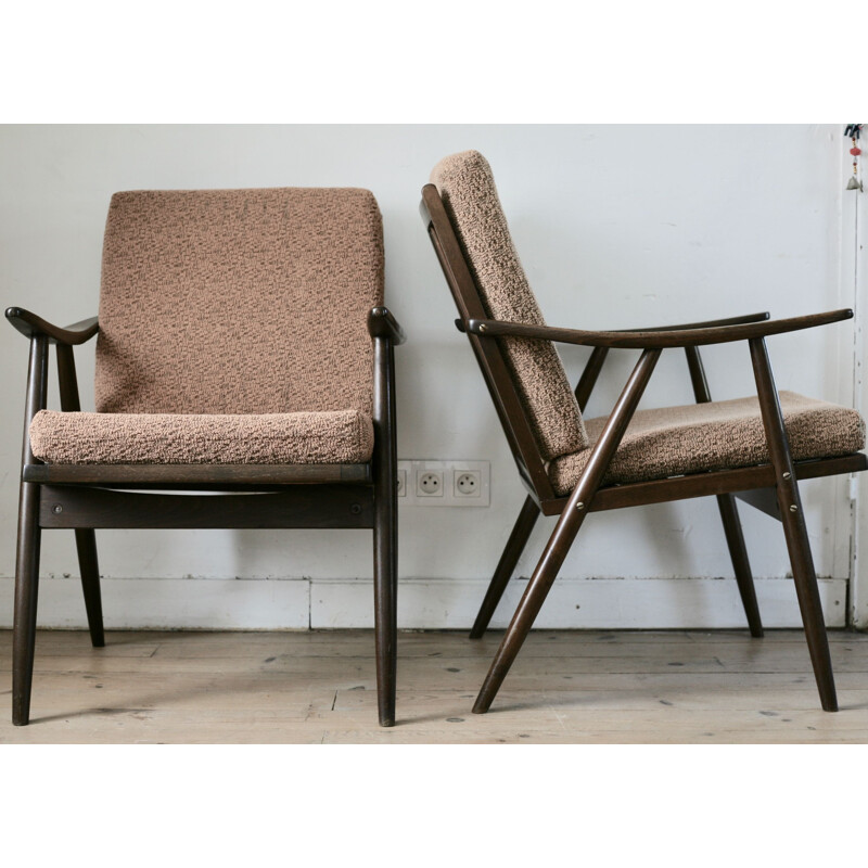 Pair of vintage Boomerrang armchairs for Thonet in wood and brown fabric 1960