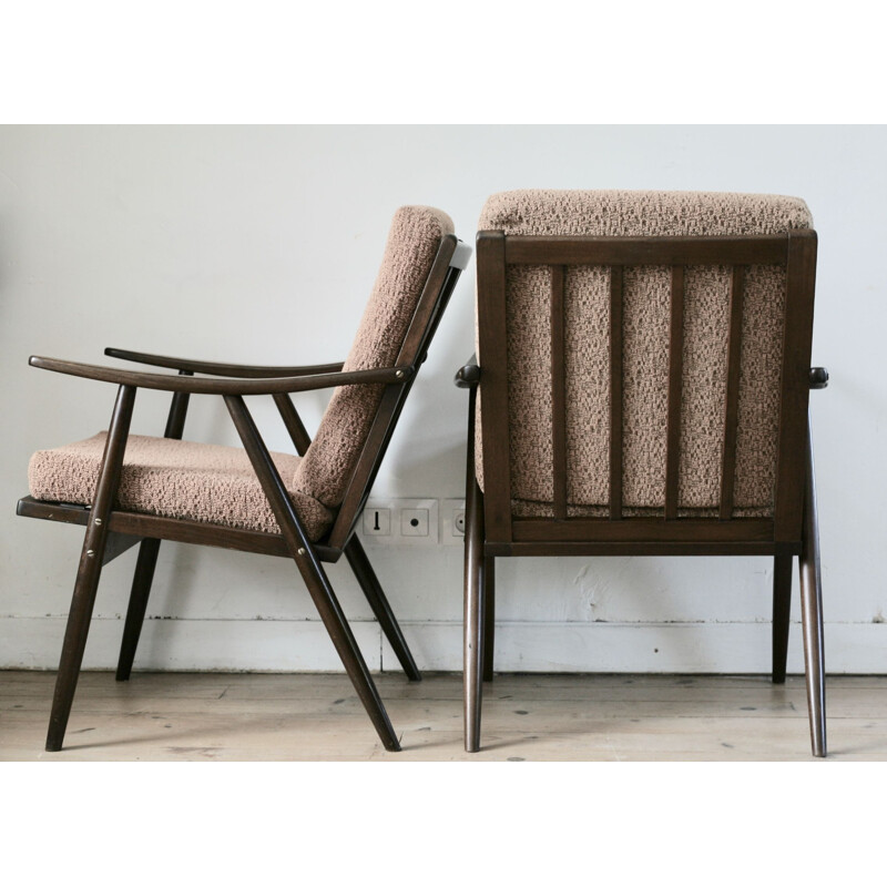 Pair of vintage Boomerrang armchairs for Thonet in wood and brown fabric 1960