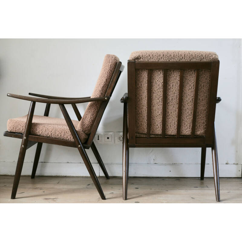 Pair of vintage Boomerrang armchairs for Thonet in wood and brown fabric 1960