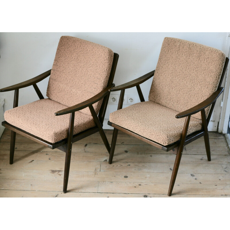 Pair of vintage Boomerrang armchairs for Thonet in wood and brown fabric 1960