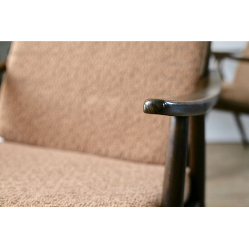 Pair of vintage Boomerrang armchairs for Thonet in wood and brown fabric 1960