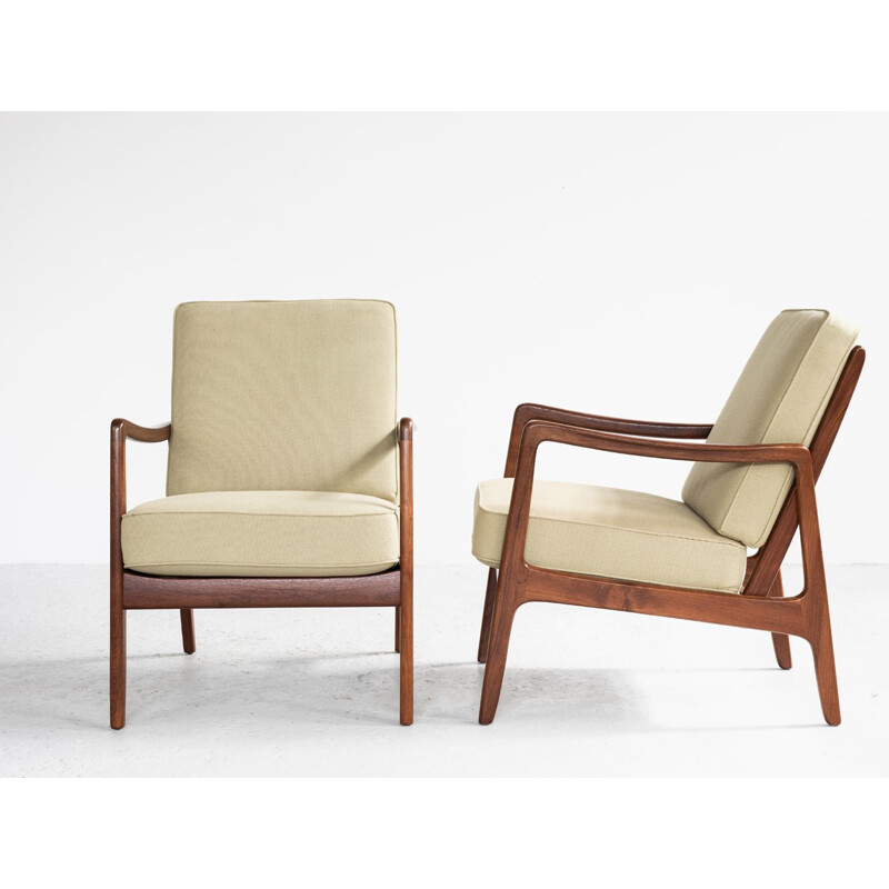 Pair of vintage armchairs for France & Son in teak and green fabric 1960s