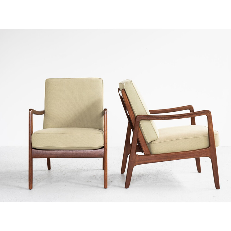 Pair of vintage armchairs for France & Son in teak and green fabric 1960s