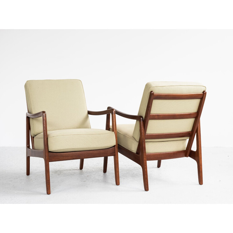 Pair of vintage armchairs for France & Son in teak and green fabric 1960s