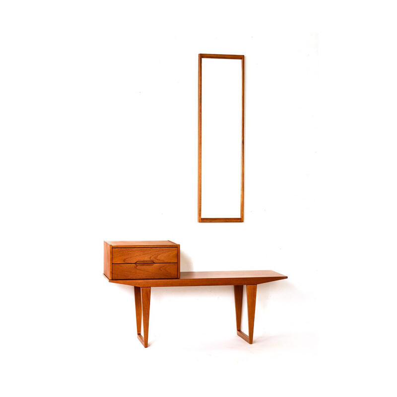 Vintage hallway set in teak with mirror, table and drawer unit by Kai Kristiansen for Aksel Kjersgaard, 1960s