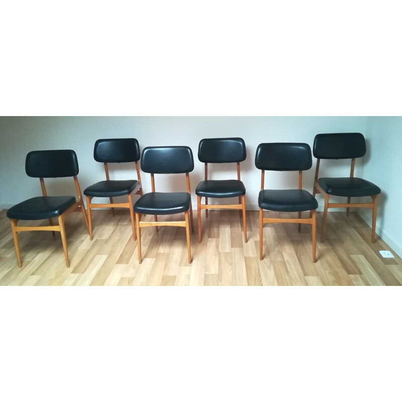 Set of 6 vintage scandinavian chairs in beech and black leatherette 1960