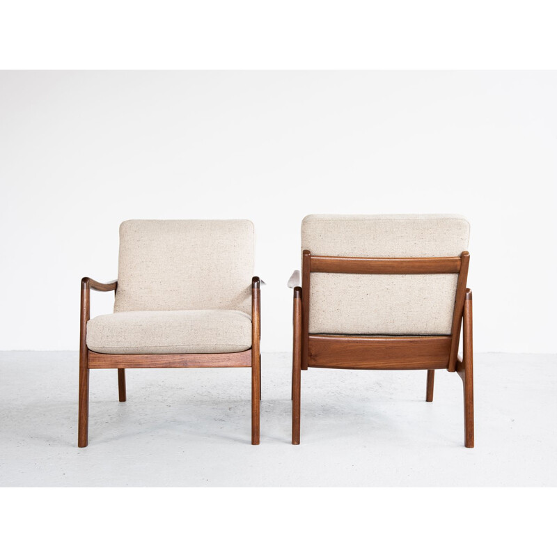 Pair of vintage scandinavian armchairs for France & Søn in teak and beige fabric 1960s