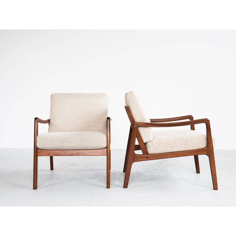 Pair of vintage scandinavian armchairs for France & Søn in teak and beige fabric 1960s