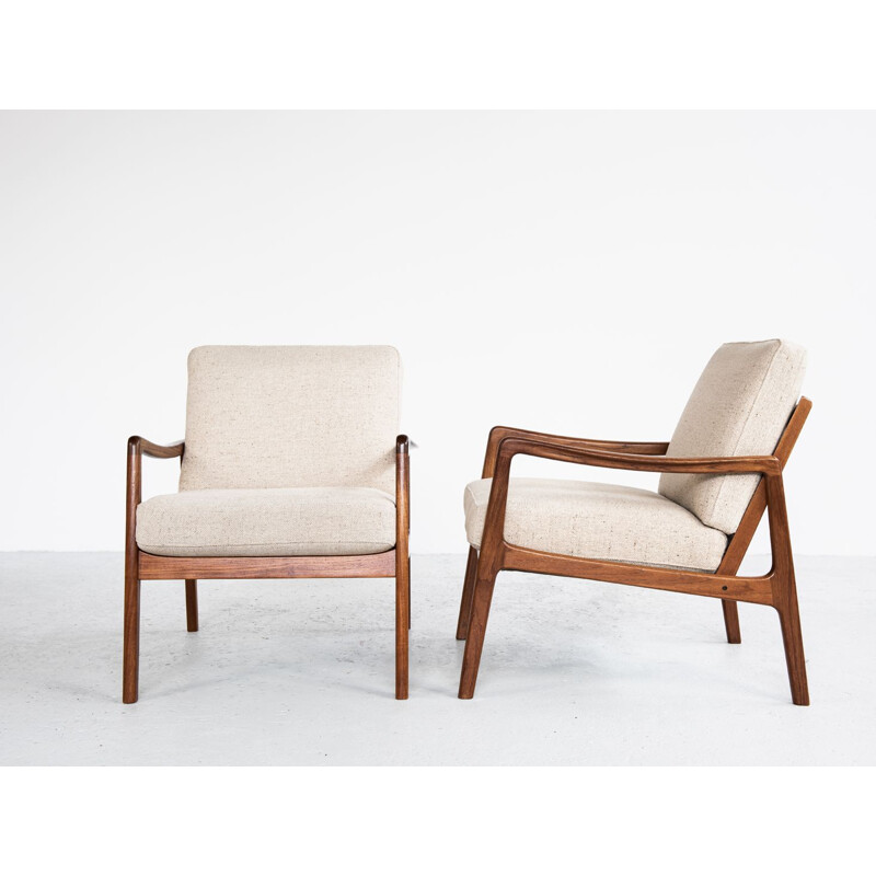 Pair of vintage scandinavian armchairs for France & Søn in teak and beige fabric 1960s