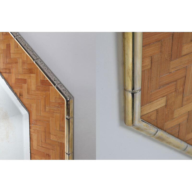 Espejo octogonal vintage de latón y bambú