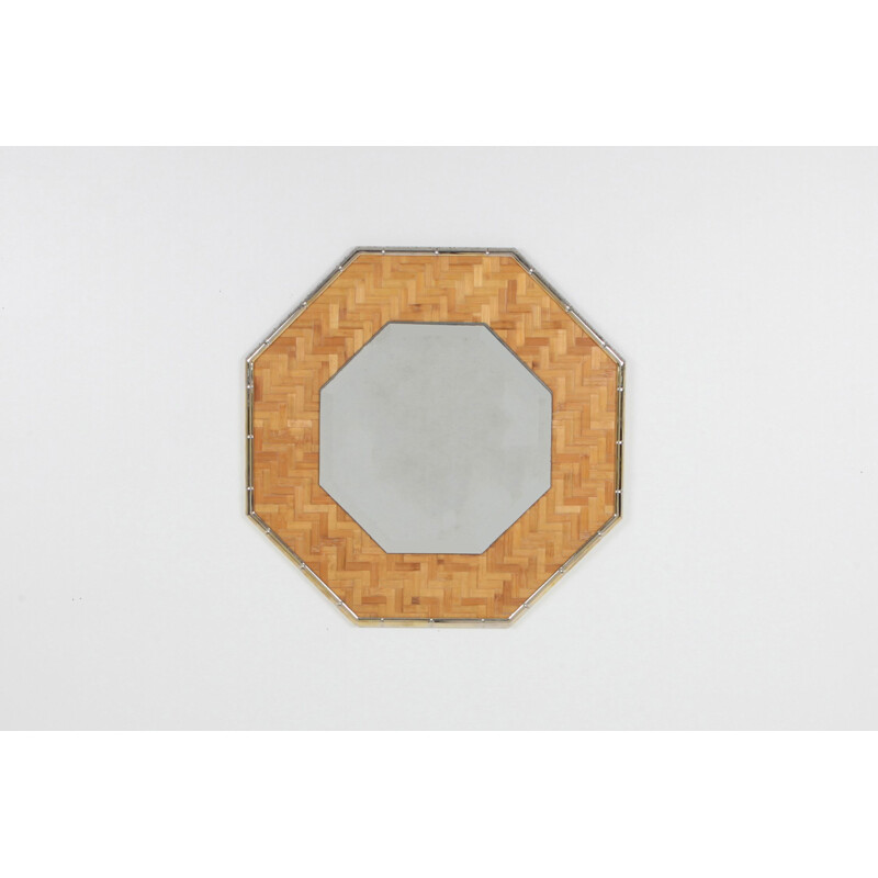 Vintage brass and bamboo octagonal mirror