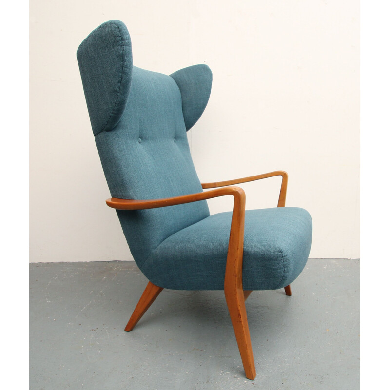 Fauteuil vintage en bois de cerisier et bleu 1950