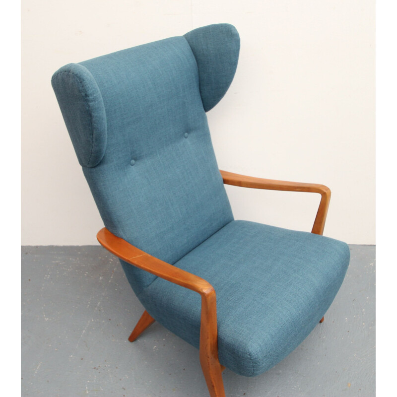 Vintage cherrywood armchair in blue 1950