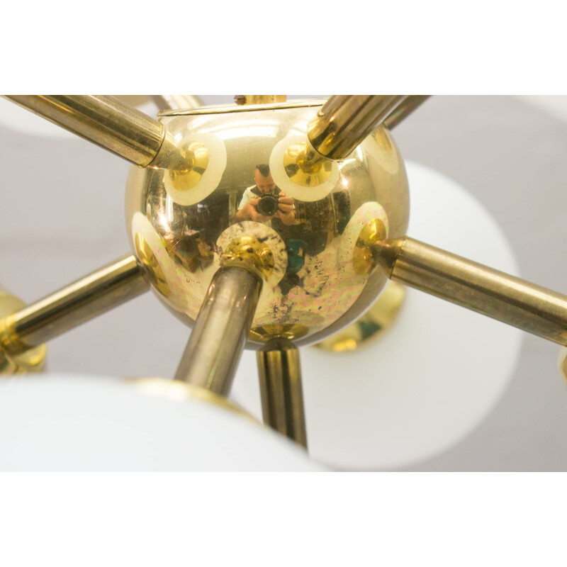 Vintage brass orbit lamp with 9 opaline glasses