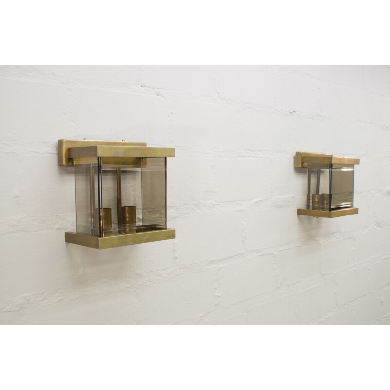 Pair of vintage brass and smoked glass wall lamps by Wkr