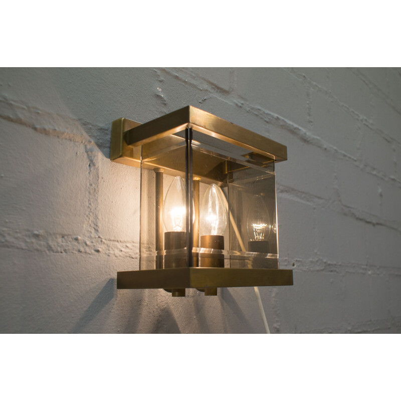 Pair of vintage brass and smoked glass wall lamps by Wkr