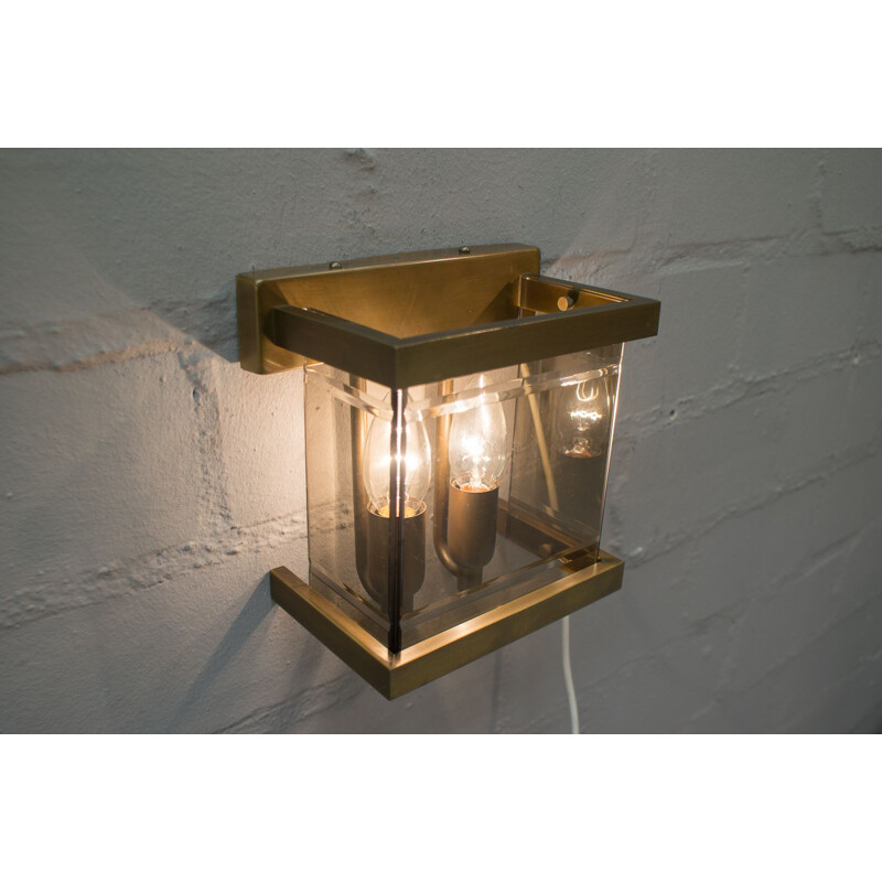 Pair of vintage brass and smoked glass wall lamps by Wkr