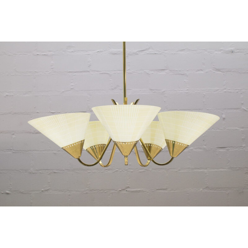 Vintage german ceiling lamp in brass and glass 1950s