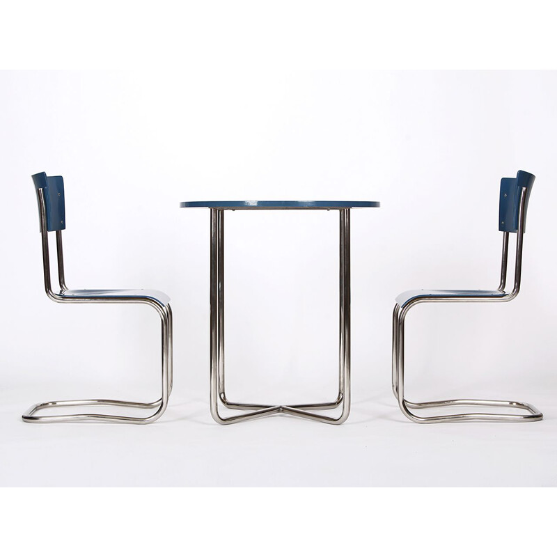 Pair of vintage tables with 2 chairs in nickel-plated steel, Czech Republic 1930