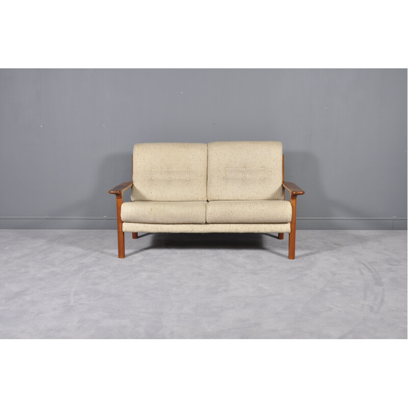 Vintage sofa for Glostrup in white sandy fabric and teakwood 1960s