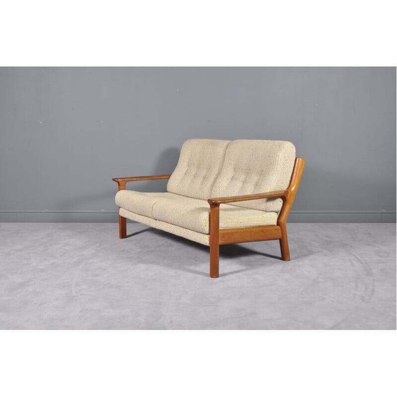 Vintage sofa for Glostrup in white sandy fabric and teakwood 1960s