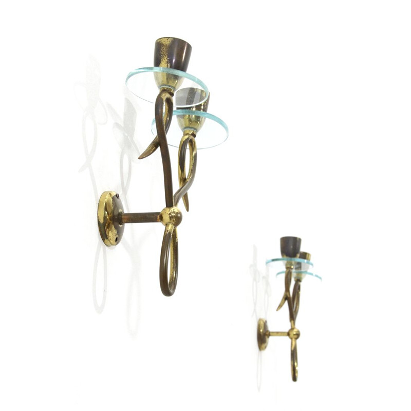 Pair of vintage wall lamps brass and glass Italy 1950s
