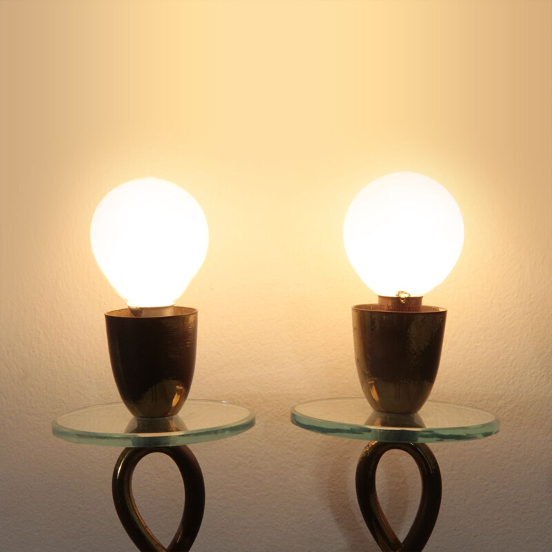 Pair of vintage wall lamps brass and glass Italy 1950s