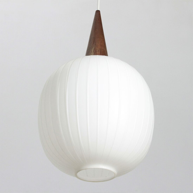 Vintage hanging lamp in opaline glass and teak Italy 1960s