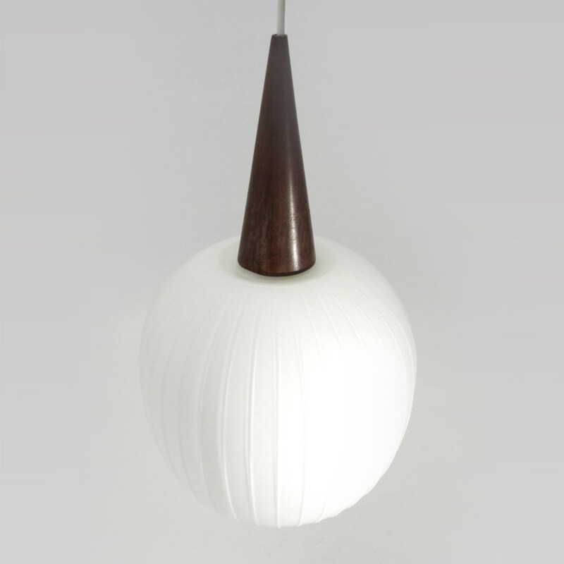 Vintage hanging lamp in opaline glass and teak Italy 1960s