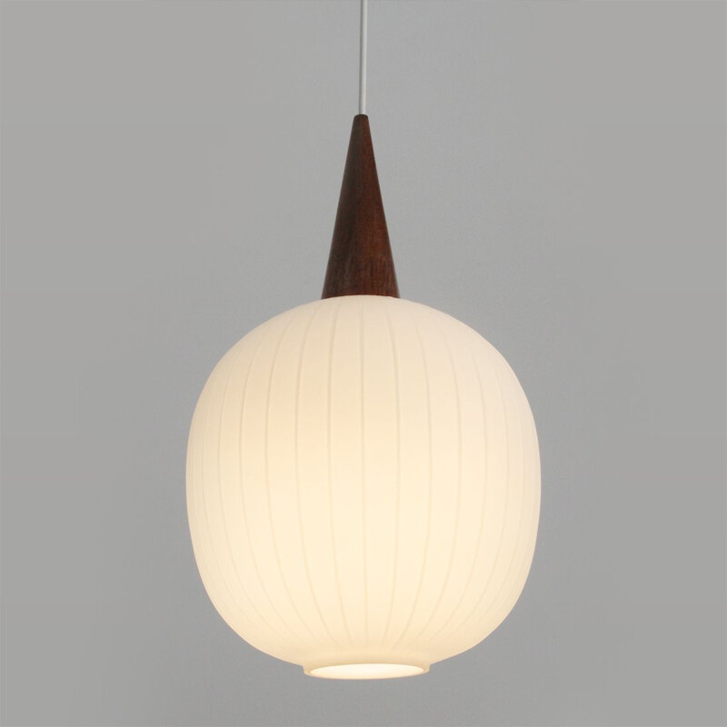 Vintage hanging lamp in opaline glass and teak Italy 1960s