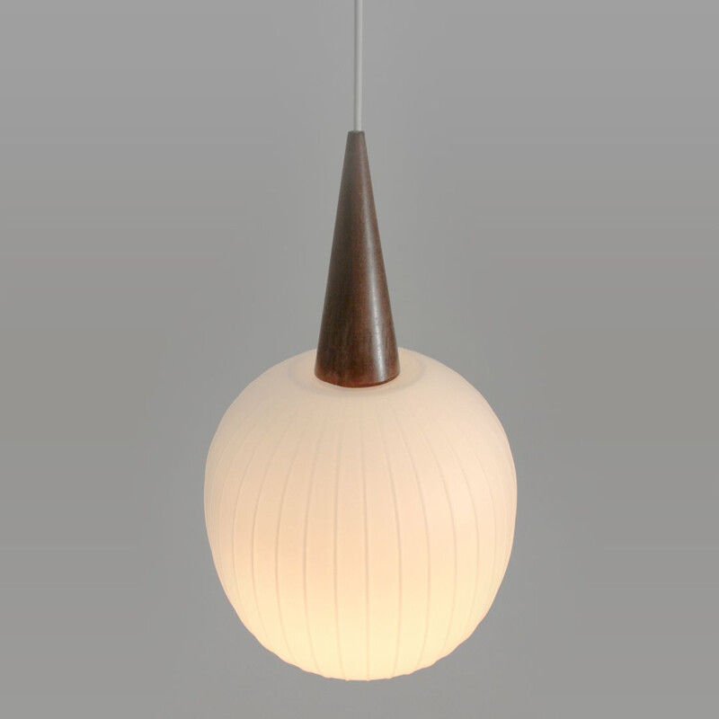 Vintage hanging lamp in opaline glass and teak Italy 1960s