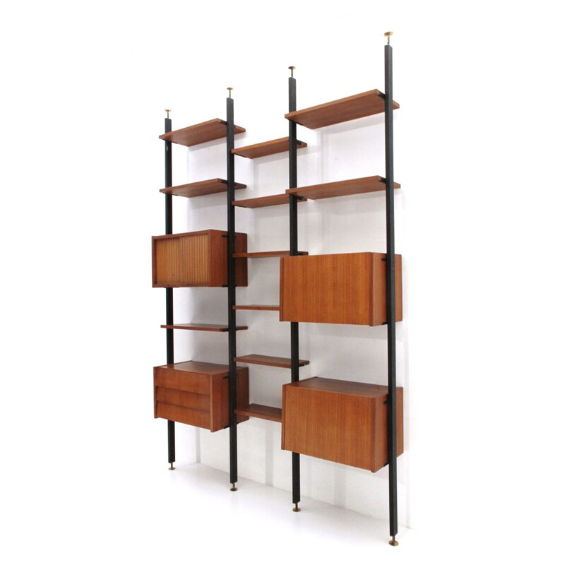 Vintage wall unit in wood and black metal Italy 1960s