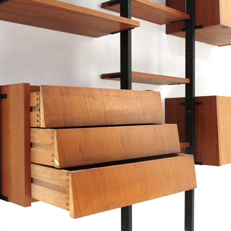 Vintage wall unit in wood and black metal Italy 1960s