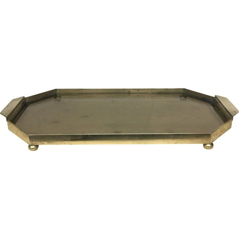 Vintage octogonal tray in brass and smoked glass 1960s