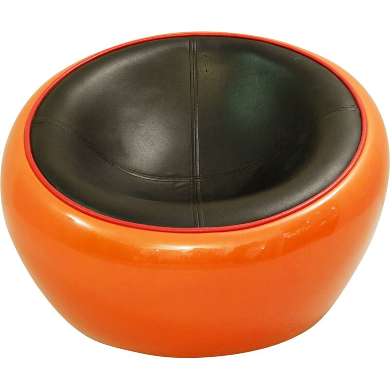 Vintage Egg Pod Ball armchair by Aarnio in orange fiberglass and black leatherette 1960